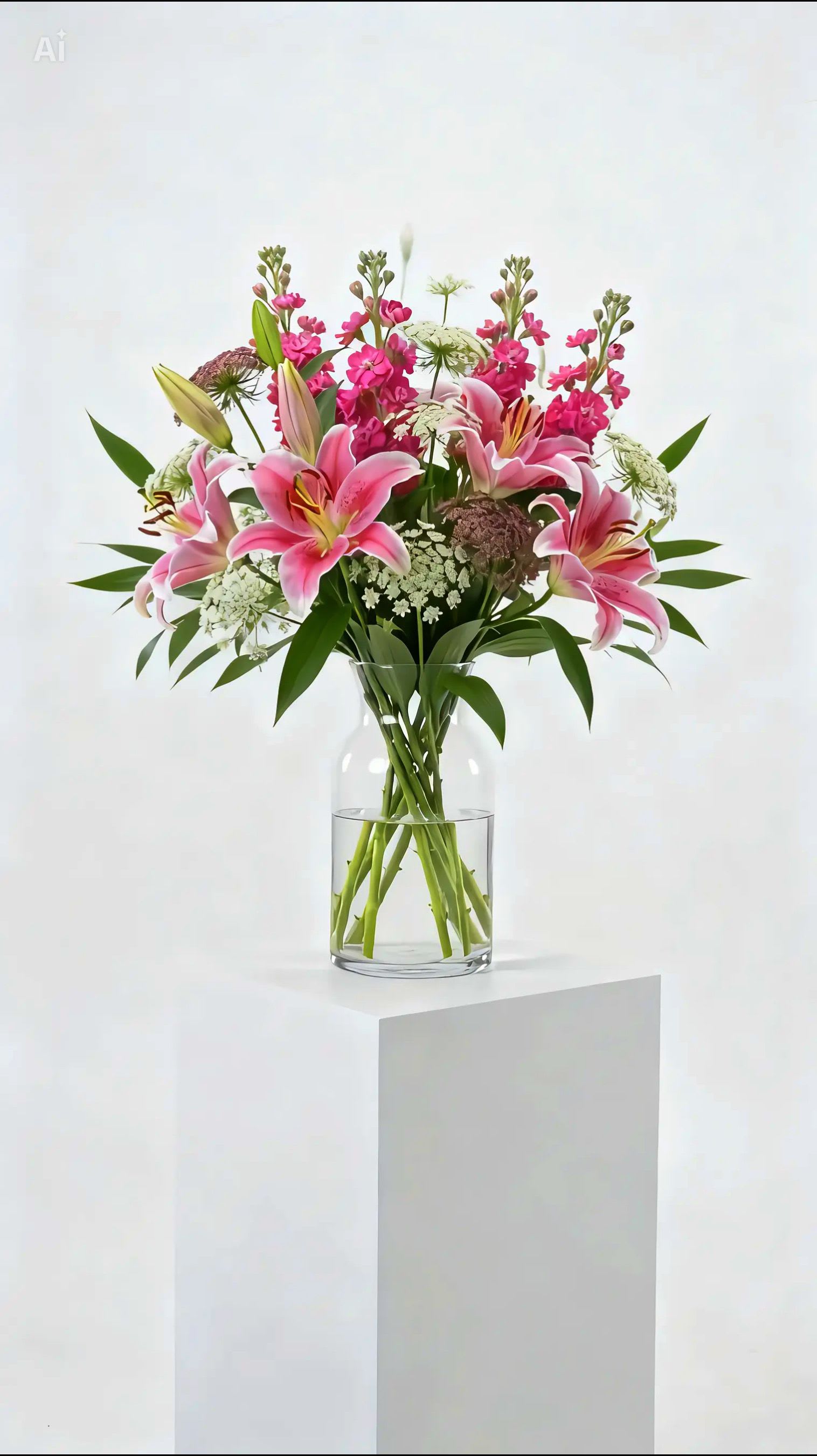 My Lily Bouquet - Make a grand statement with our signature My Lily Bouquet, beautifully upscaled and curated exclusively for Indy joy blooms. This luxurious showstopper boasts an impressive count of 9 tall, ruffled pink stock stems artfully layered around 4 magnificent multi-bloom Oriental lilies.The result is a breathtaking, high-volume display that radiates pure elegance and coordinates a magnificent, sweet-scented fragrance throughout the home. Interwoven among these premium blossoms are the airy, cloud-like textures of fresh Queen Anne’s lace, adding a whimsical garden feel that perfectly balances the arrangement’s majestic scale.Presented in a premium, tall glass display vase, this high-end design is engineered to stun from every single angle.Product Details:Focal w at home.Perfect For: Milestone birthdays, major anniversaries, luxury corporate gifting, or creating a show-stopping focal point in an entryway.
