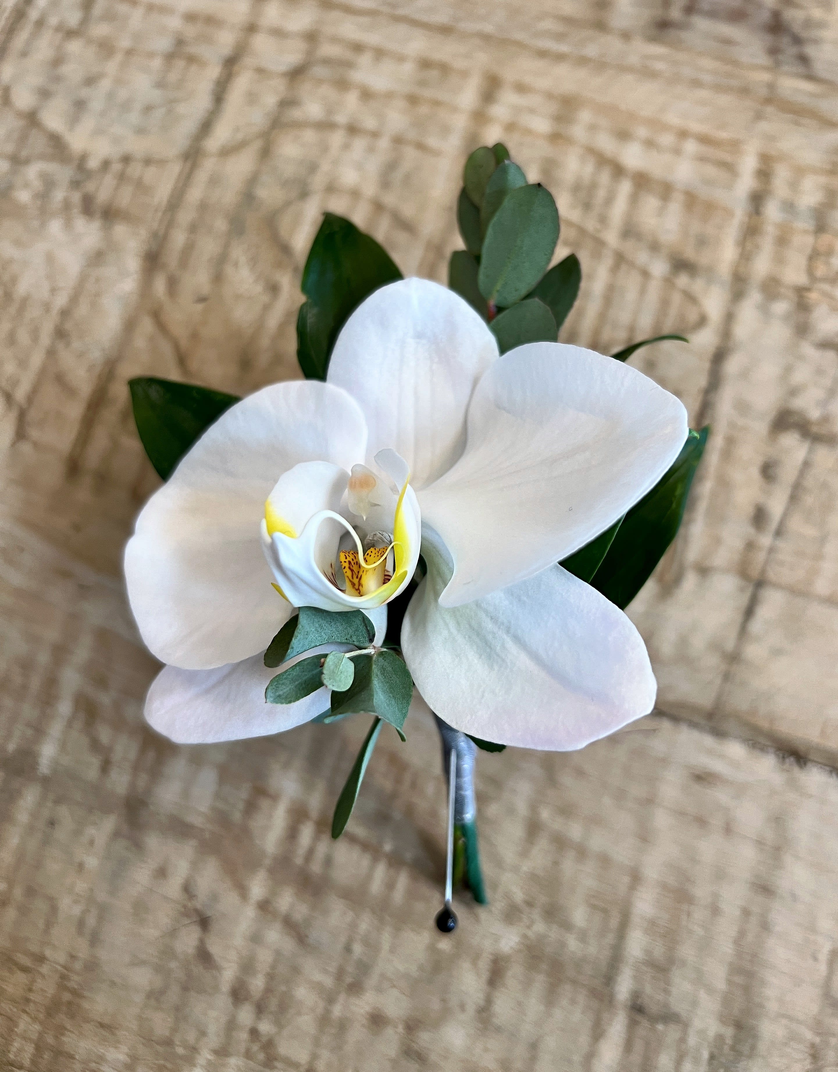 White orchid boutonniere with green leaves