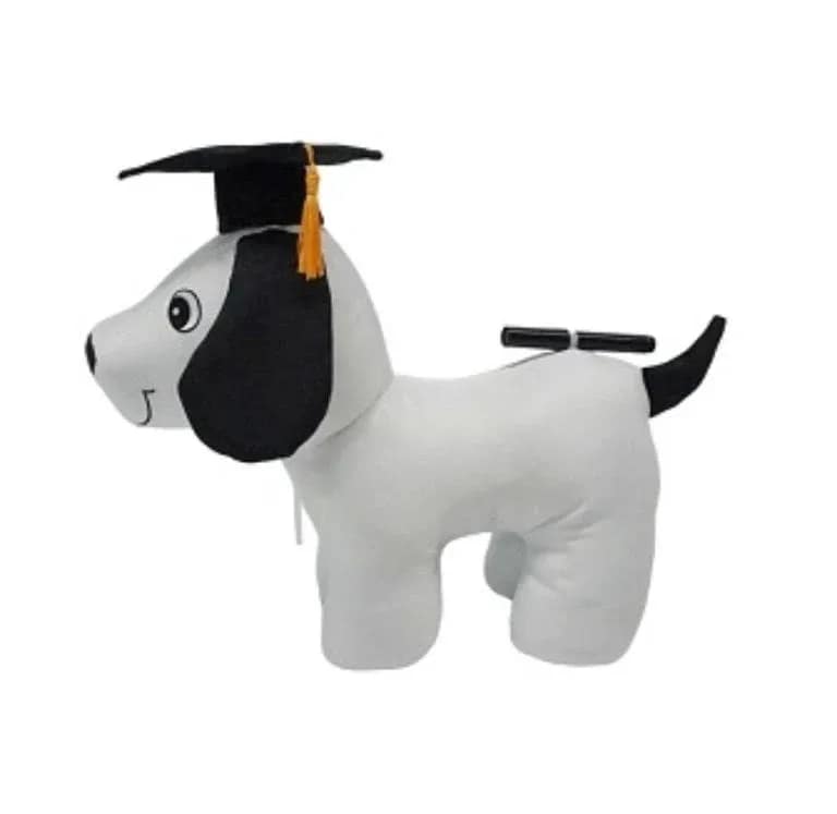Graduation Autograph Dog - Playful and proudly dressed for the big day, this graduation plush dog makes a charming graduation gift or celebratory display for the grad who loves whimsy. As a graduation gift or keepsake, it sends an unmistakable message of congratulations-perfect for diploma-day tables, congratulatory bouquets, or dorm-room décor to mark commencement.  The soft, rounded plush dog features white and black fur with a simple, cartoon-like face that feels cheerful and approachable. It wears a miniature graduation cap with an orange tassel for a pop of school-spirit color, and its compact size makes it easy to tuck into a bouquet, gift basket, or onto a party table. The design is playful rather than floral, ideal when you want a long-lasting memento alongside fresh flowers.  Give this to the grad who'll appreciate a cuddly, commemorative keepsake-a thoughtful token that celebrates achievement and looks great in photos. No special care is needed beyond gentle spot cleaning; order to include with floral arrangements or as a standalone congratulatory gift for graduation parties, open houses, or mailbox surprises.