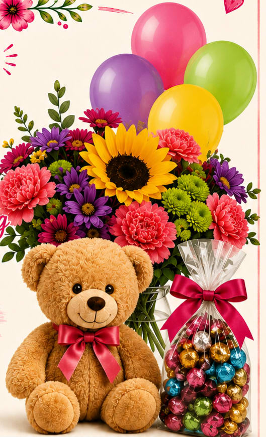 Best Friend Mixed Flower Bouquet Package - This Best Friend mixed flower bouquet package, makes a joyful or congratulatory gift that feels playful and personal. Designed to delight a close friend, the arrangement contains beautiful mixed flowers so the person you're thinking of will feel celebrated and seen the moment it arrives. Flowers may vary depending on availability and season.   The set arrives in a beautiful wrap and tied with a ribbon, and includes balloons, a plush teddy animal and a clear cellophane bag of wrapped candies - everything packaged to read as a thoughtful, ready-to-give present.  Perfect for birthday wishes, a congratulations surprise, or "just because" cheer, this bundle makes it easy to create a special moment without extra planning. Flowers are arranged for immediate impact; to extend enjoyment, keep the water fresh and recut stems every few days.