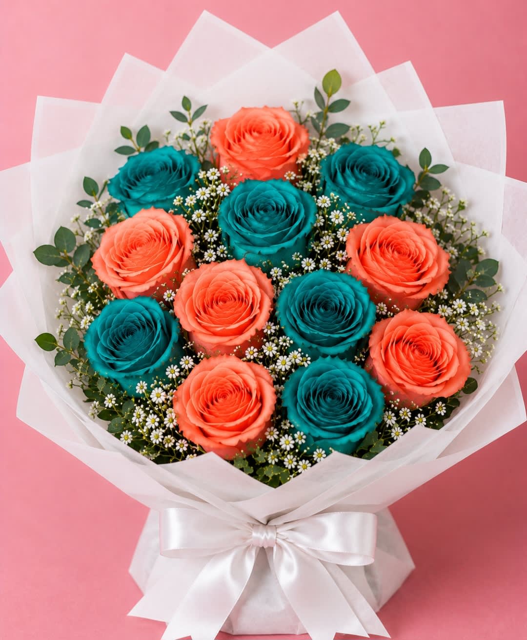 Bouquet of coral and teal roses wrapped in white paper with a satin bow
