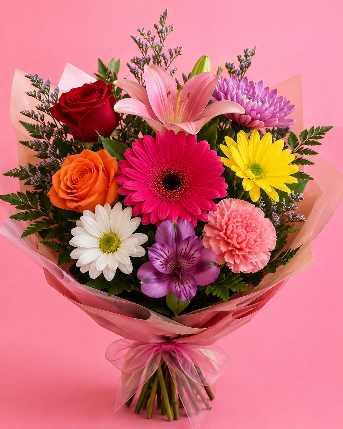 Mixed bouquet with roses, lilies, daisies, and a pink ribbon wrap