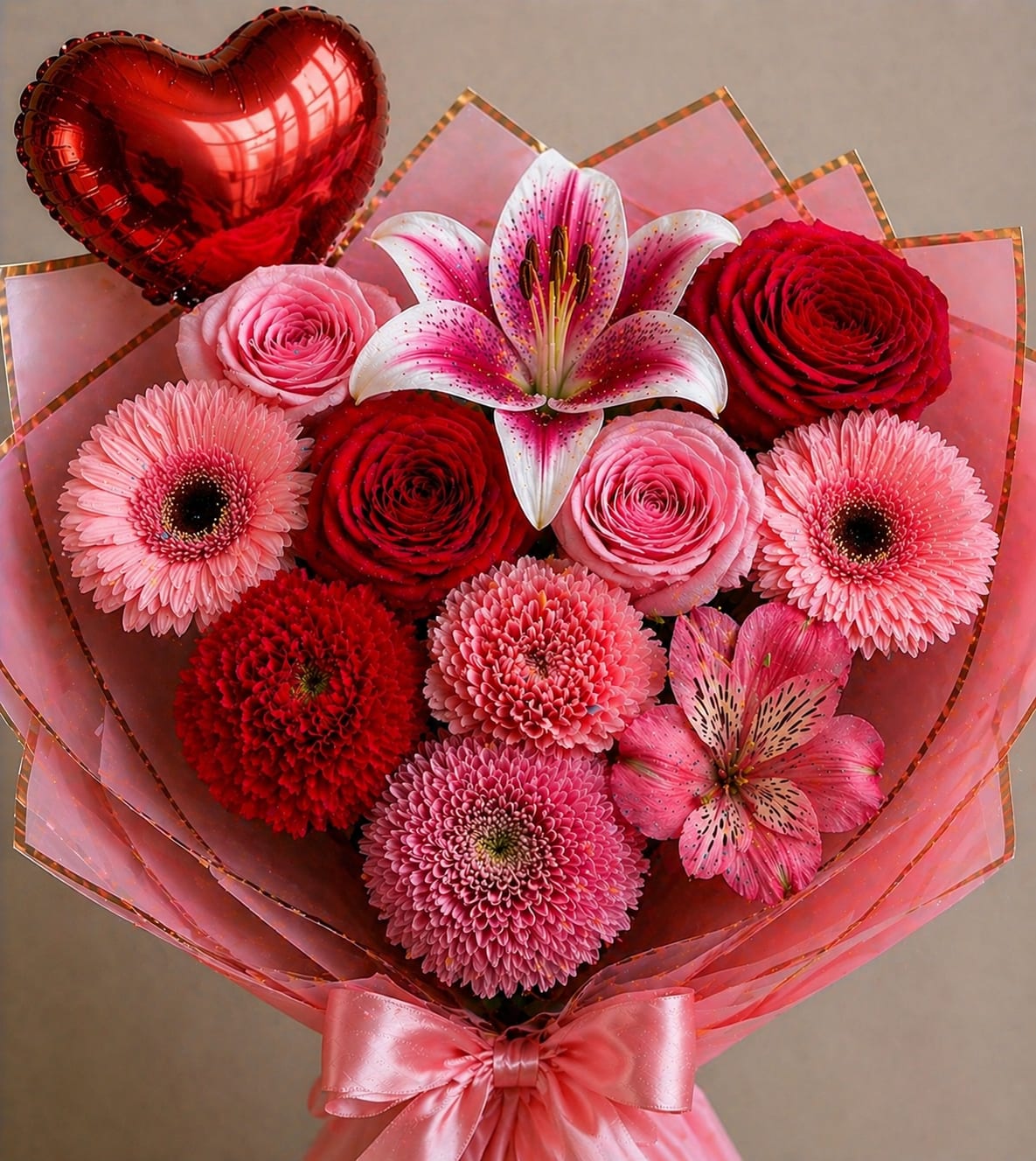 Heart Arrangement Mixed Flower Vase Package - A playful heart-shaped bouquet in a vase - perfect as a birthday bouquet, thank-you gift, or a romantic Valentine's Day or anniversary arrangement. The rounded, heart-like shape and the rising red heart-shaped foil balloon make the recipient feel adored the moment they see it; the mixed color palette of purple, blue, pink, red, and white keeps the mood bright and celebratory.  This arrangement mixes red, pink, purple and white toned flowers, arranged in a rounded heart form and wrapped in pink waterproof wrap with pink ribbon. Flowers may vary depending on availability and season.  Give this to someone who should feel noticed and celebrated - a partner on an anniversary or Valentine's, a friend's birthday, or anyone who loves a beautiful, colorful surprise. Arrives ready to display in its clear glass vase (or wrapped in pink translucent paper as pictured); light fresh water and trim stems as needed to extend the life of the flowers.