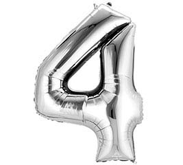 Silver foil balloon shaped like the number 4