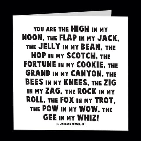 White greeting card with a bold black quote printed on the front