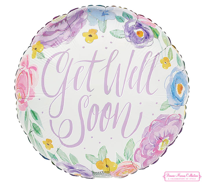Round floral balloon with "Get Well Soon" text