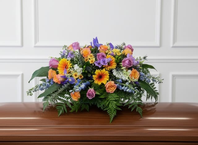 Colorful floral spray on a wooden casket