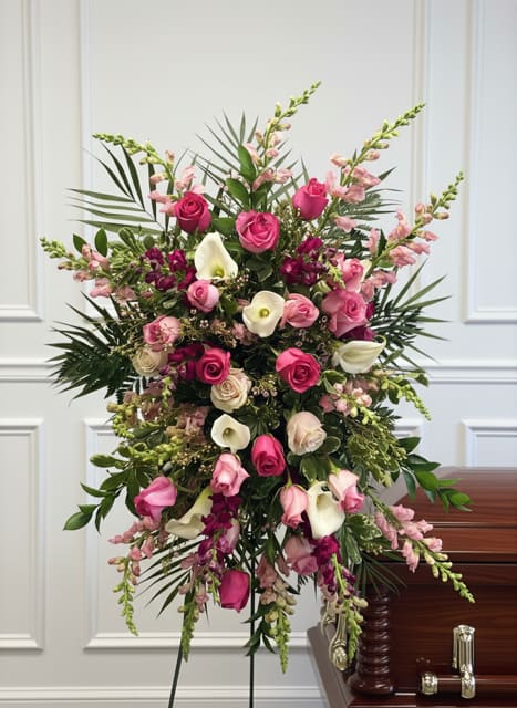 Tall standing floral spray with pink roses and white calla lilies