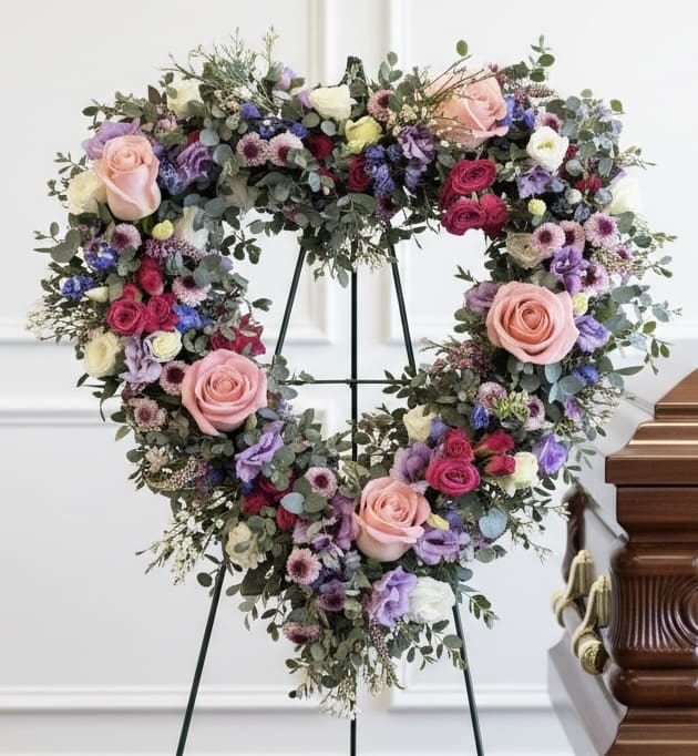 Heart-shaped floral wreath with pink roses and purple blooms