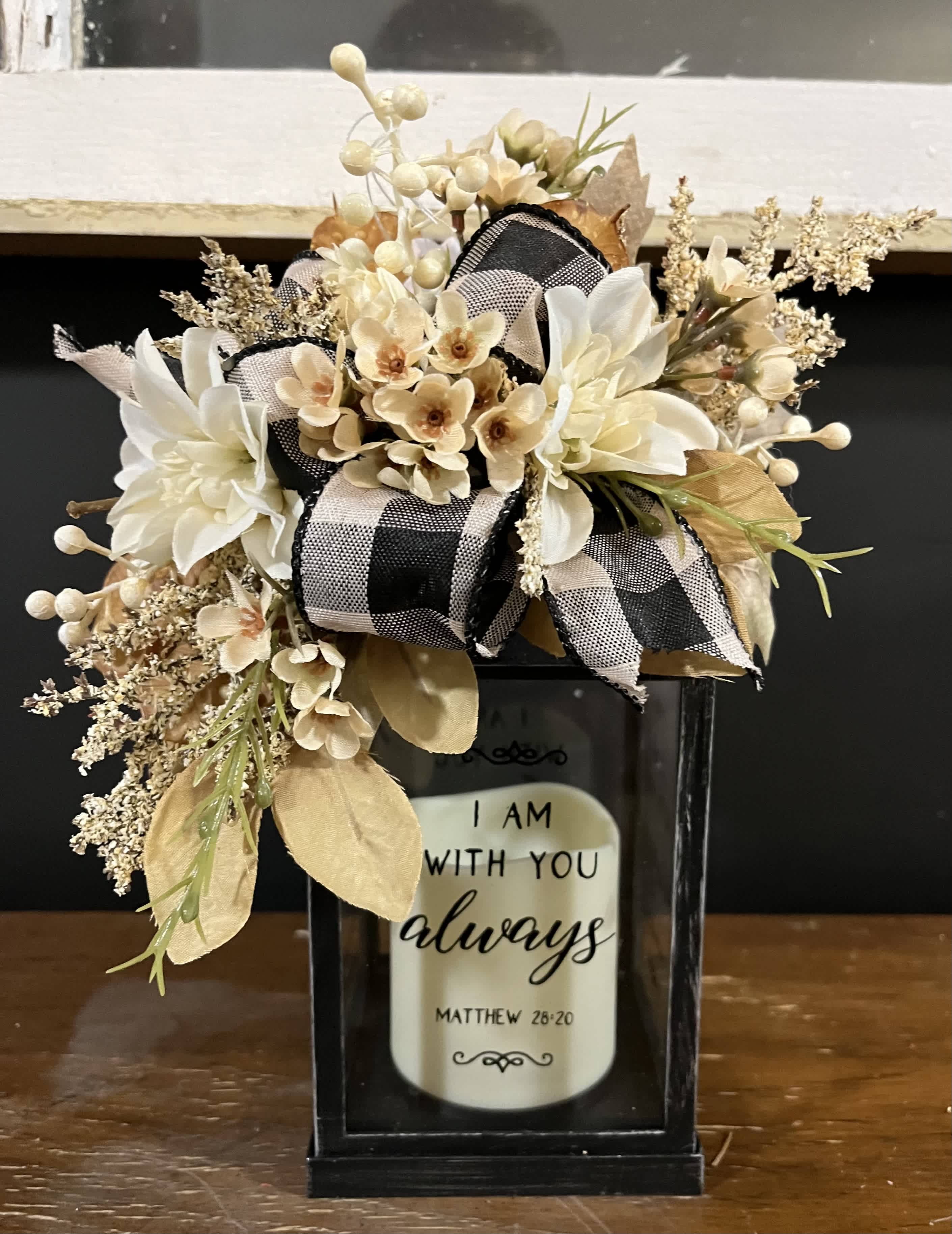 Black Lantern with Fall Silk - 10 in Metal lantern “ I am with you always” Candle and batteries included