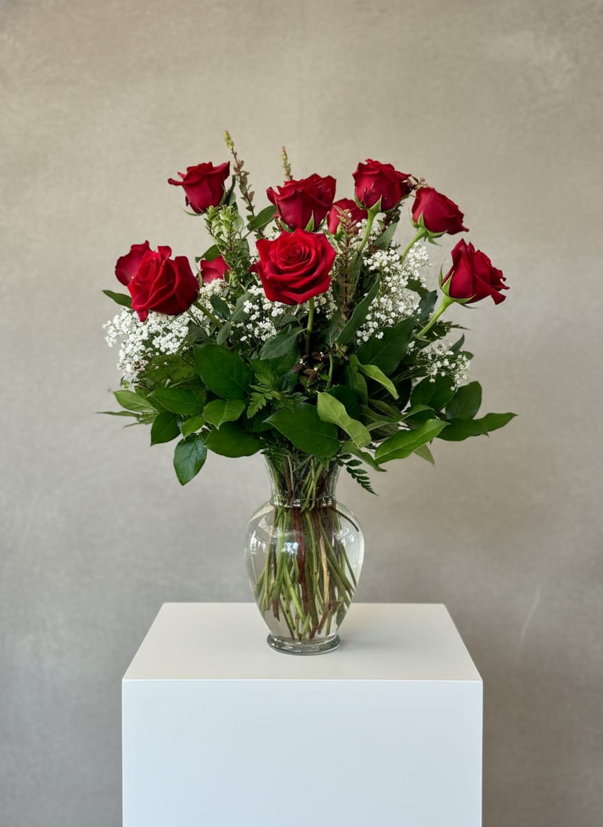 12 Things I Love About You  - Deep red roses arranged with clusters of delicate white filler create a timeless, romantic bouquet perfect for an anniversary or any moment when you want to say "I love you." This upright flower arrangement reads classic and confident-the rich red blooms rise above a lush bed of green foliage in a clear glass vase, giving the person you're thinking of an immediate sense of warmth and devotion.  The design pairs several long-stem red roses with small white accent flowers and abundant greenery for a balanced, full silhouette that works on a mantel, bedside table, or desk. The clear glass vase keeps the focus on the blooms and lets the stems show through for a fresh, natural look. Ideal for birthdays, Valentine's Day, Mother's Day, Women's Day, a thoughtful "just because," or a thank-you that should feel intimate and memorable.  This arrangement sends a direct message of affection and appreciation-she'll feel noticed and cherished. Available in one vase size; easy care includes fresh water on delivery and trimming stems every few days to extend vase life. Order with a short note to customize the sentiment for the occasion.