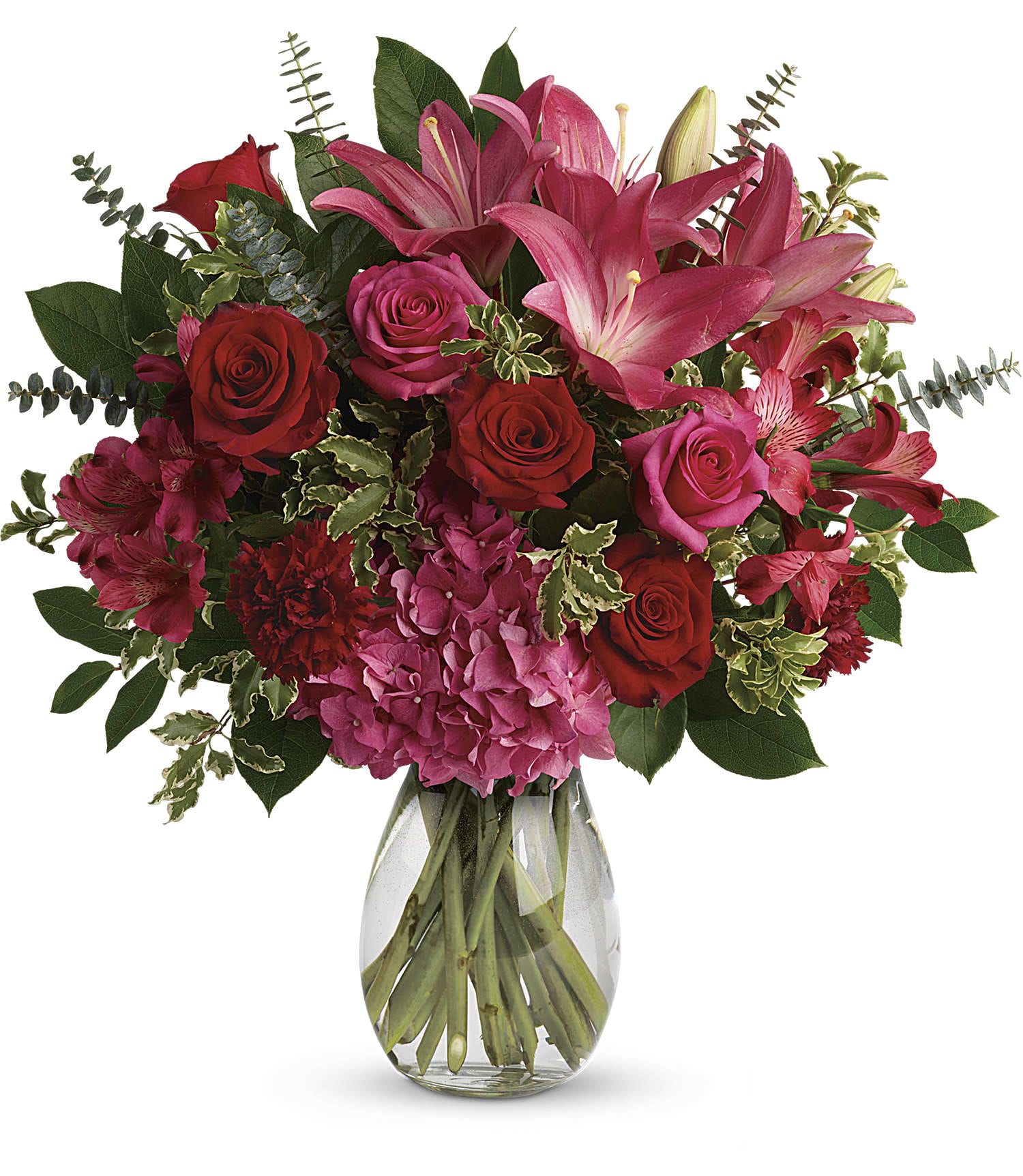 Love Struck Bouquet - A luxurious bouquet that's sure to leave your special someone absolutely love struck! There's no denying the dramatic beauty of these radiant, red hot roses, hydrangea and lilies. 