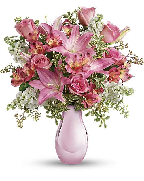 Pink Reflections Bouquet with Roses - Oh, so pretty in pink, this beautiful bouquet will make their day. With so many pretty flowers in such a uniquely beautiful vase, this can't-miss gift is perfect for Mother's Day, a birthday, any day! Pink roses and asiatic lilies, dark pink alstroemeria, white stock and seeded eucalyptus are splendidly arranged in an exclusive Pink Reflections vase. Sending this charmer will be a great reflection on you! Orientation: All-Around