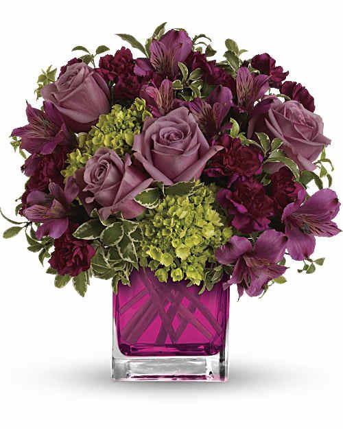 Splendid Surprise - Lovely at first sight. Green miniature hydrangea and lavender roses come together for an extra-sweet bouquet presented in our fuchsia glass cube. Green miniature hydrangea, lavender roses, purple alstroemeria and maroon miniature carnations accented with greens.