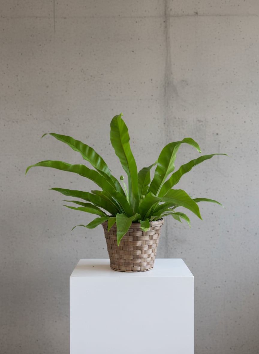 Birds Nest Fern  - A lush Birds Nest Fern in a woven basket planter brings a fresh, living touch to any occasion-perfect as a housewarming gift, birthday surprise, or a thoughtful get well arrangement. The long, arching green fronds create a full, fan-like silhouette that reads both modern and organic, making it an ideal gift for someone who loves simple, natural decor or a calming accent for an office, nursery, or living room.  This plant comes in a 6-inch pot nestled inside a neutral tan woven basket with a clean white pedestal base, offering a minimal, gallery-ready look that suits autumn gatherings like Thanksgiving or a Labor Day refresh while remaining timeless through spring and summer. Low-maintenance and hardy, the fern prefers indirect light and regular, moderate watering-easy care that keeps the recipient feeling cared for without fuss. Choose this arrangement to say congratulations, happy anniversary, thinking of you, or just because-the kind of present that makes someone's space feel truly seen.