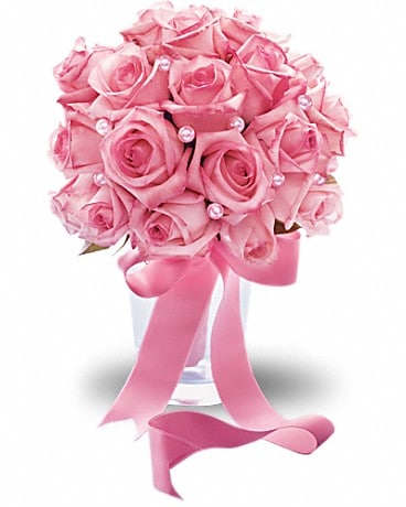 Pink rose bouquet with pearl accents in a clear vase