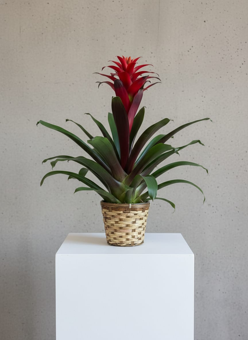 Bromeliad Plant  - A tall red flower spike rises from a rosette of glossy green leaves in this bromeliad plant-an eye-catching houseplant and gift-ready arrangement perfect for a housewarming, birthday, anniversary, or a thoughtful get-well wish. The vivid red bloom and architectural foliage create a contemporary, uplifting focal point that makes the recipient feel noticed and celebrated, whether for Graduation, Retirement, or just because.  The plant is presented in a tightly woven natural tan basket planter that adds warm, organic texture and complements modern or traditional décor. Compact and tidy, it fits on a desk, shelf, or bedside table and brings long-lasting color without the maintenance of cut flowers. Gentle care: bright, indirect light, moderate watering allowing the central cup to hold some water, and occasional feeding will keep the bromeliad healthy and blooming.  Perfect for seasonal moments like Labor Day gatherings as well as year-round occasions-Thinking of You, Thank You, New Baby, or Sympathy-this bromeliad is a durable, low-fuss way to send cheer and lasting beauty to the person you're celebrating.