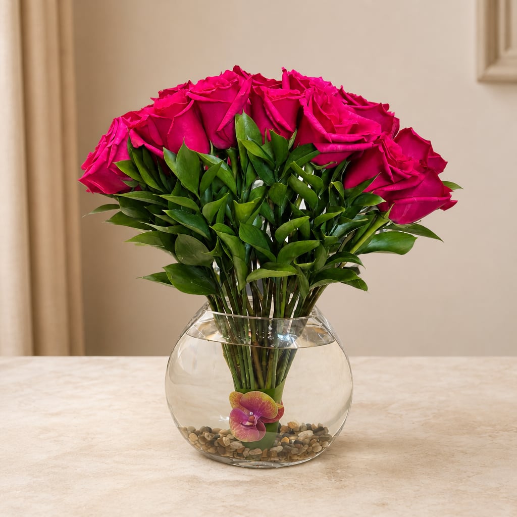 Pink roses arranged in a clear glass bowl vase with pebbles