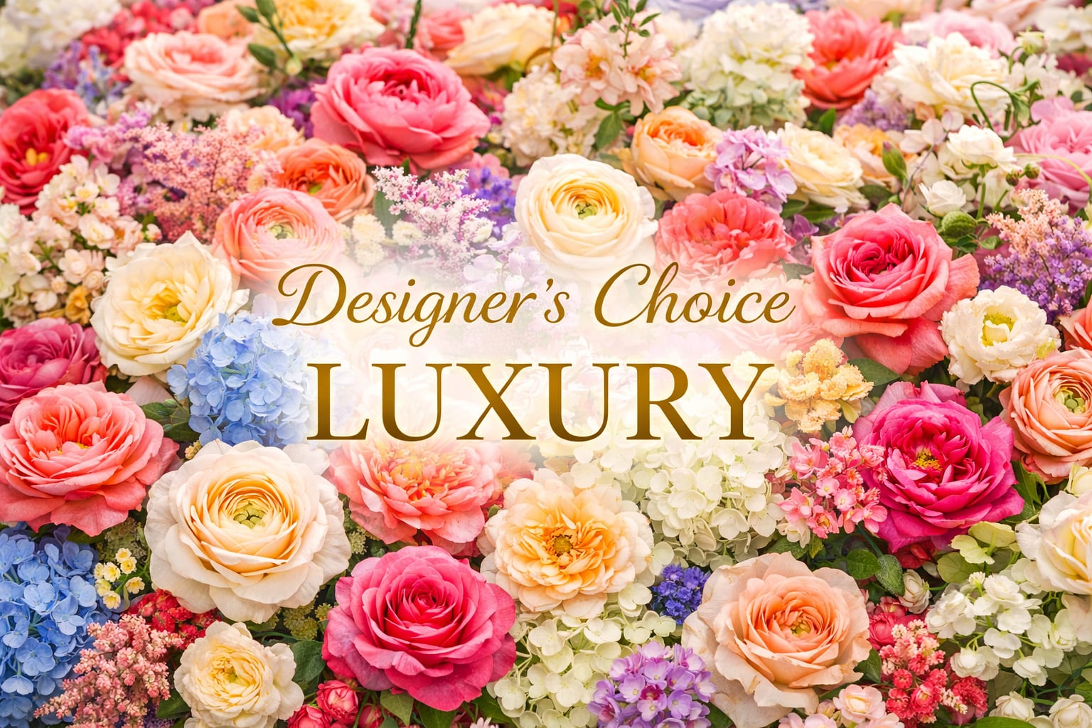 Assorted luxury roses and mixed flowers in bright and pastel colors with Designer’s Choice Luxury text in the center