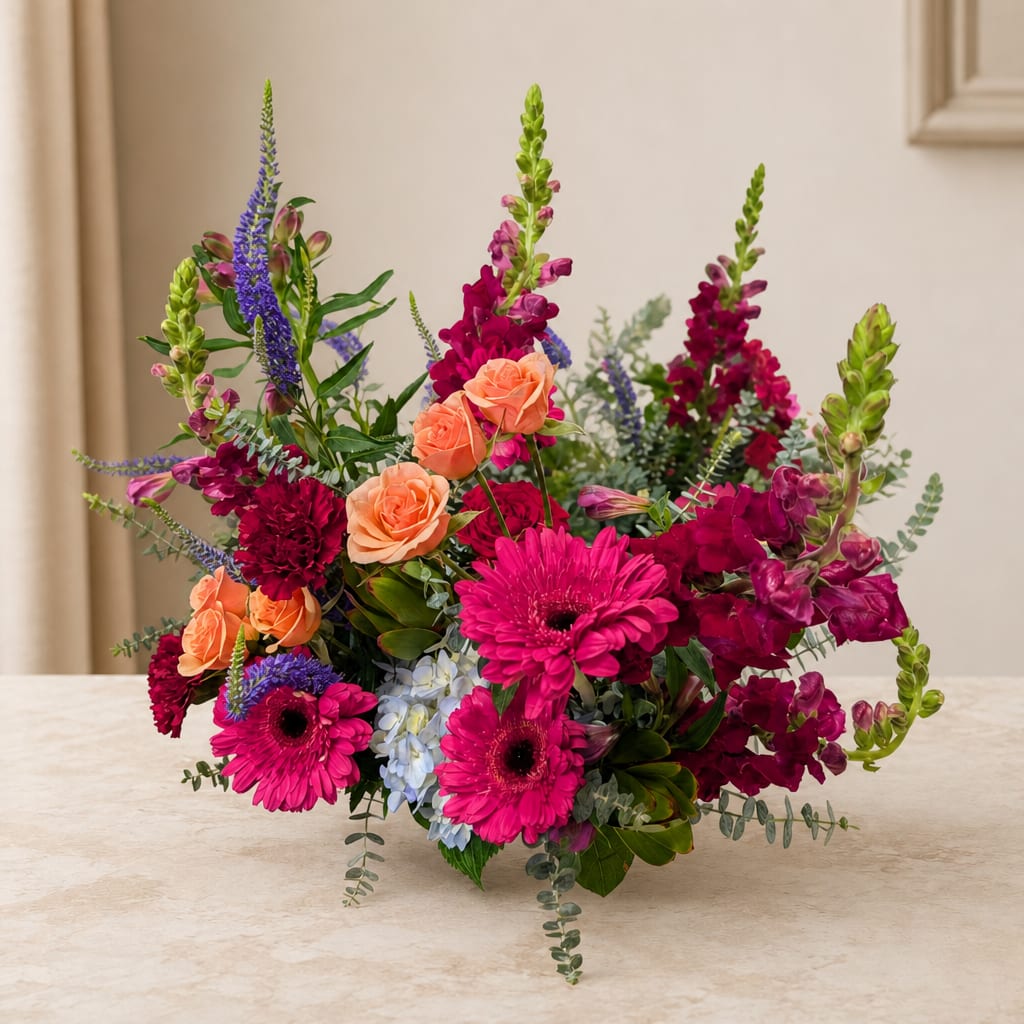 Mixed bouquet with pink gerbera daisies, peach roses, and purple spikes