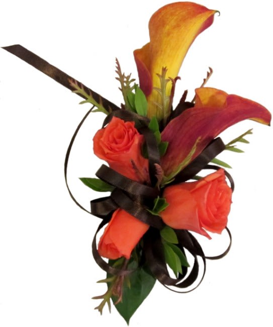 Orange roses and calla lilies with dark ribbon accents