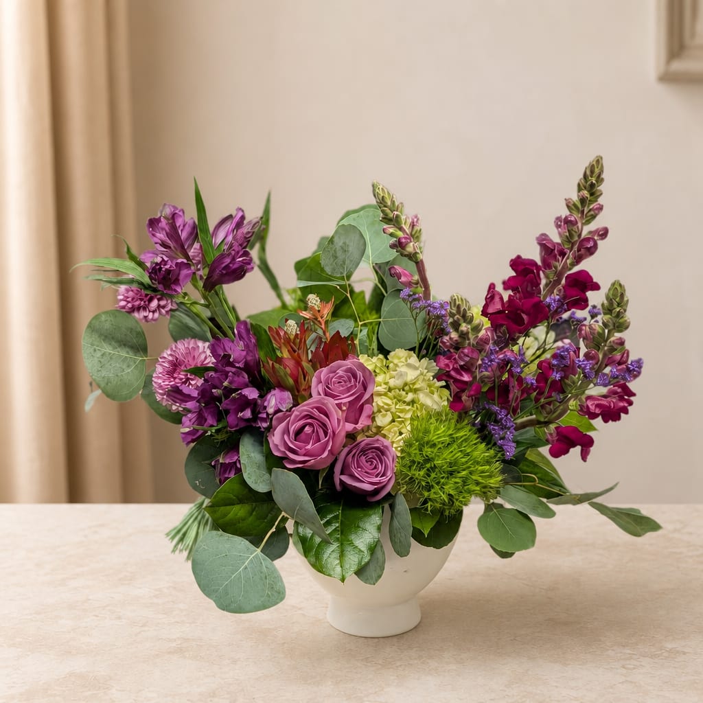 Purple and pink mixed flower arrangement in a white vase