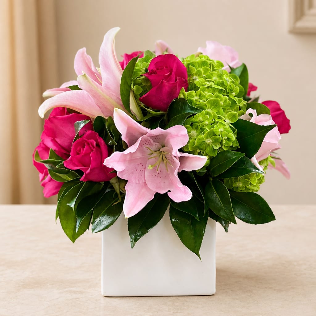 Pink lilies and hot pink roses in a white square vase