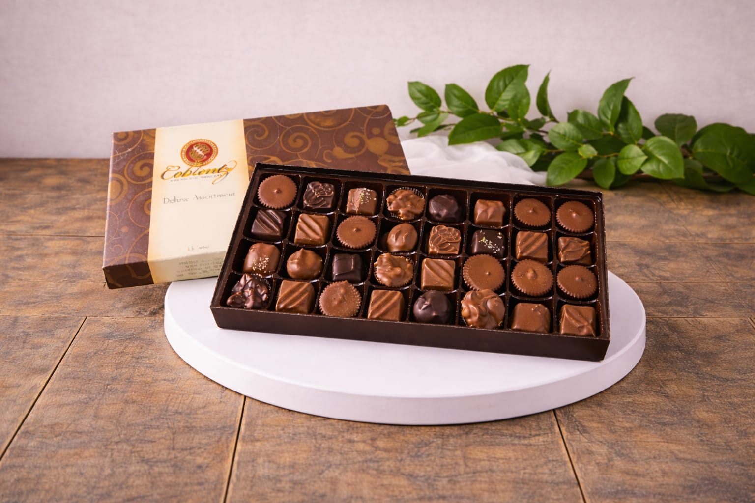 Box of assorted chocolates on a white stand with a decorative box behind it