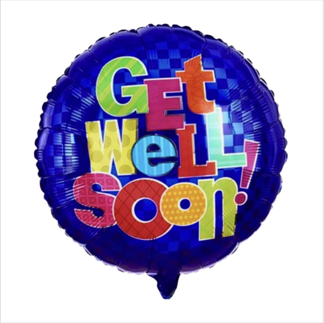 Round blue balloon with colorful "Get Well Soon" text