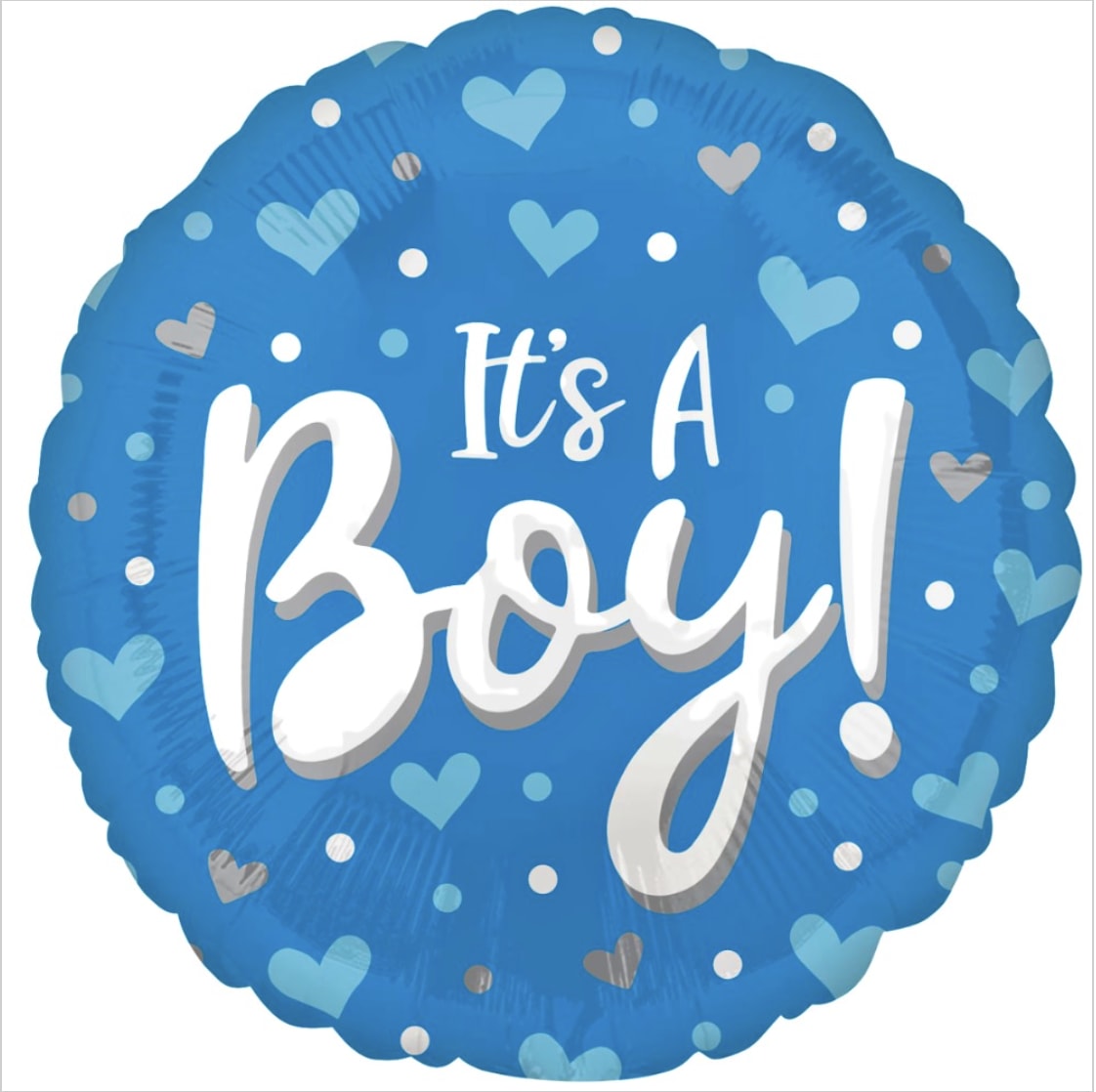 Blue balloon with hearts and the words "It's A Boy!"