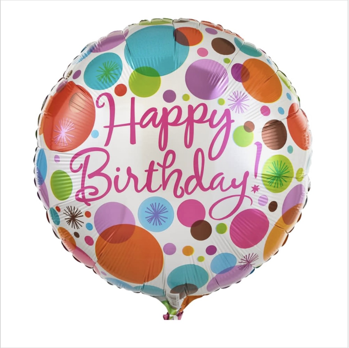 Round birthday balloon with colorful polka dots and pink text