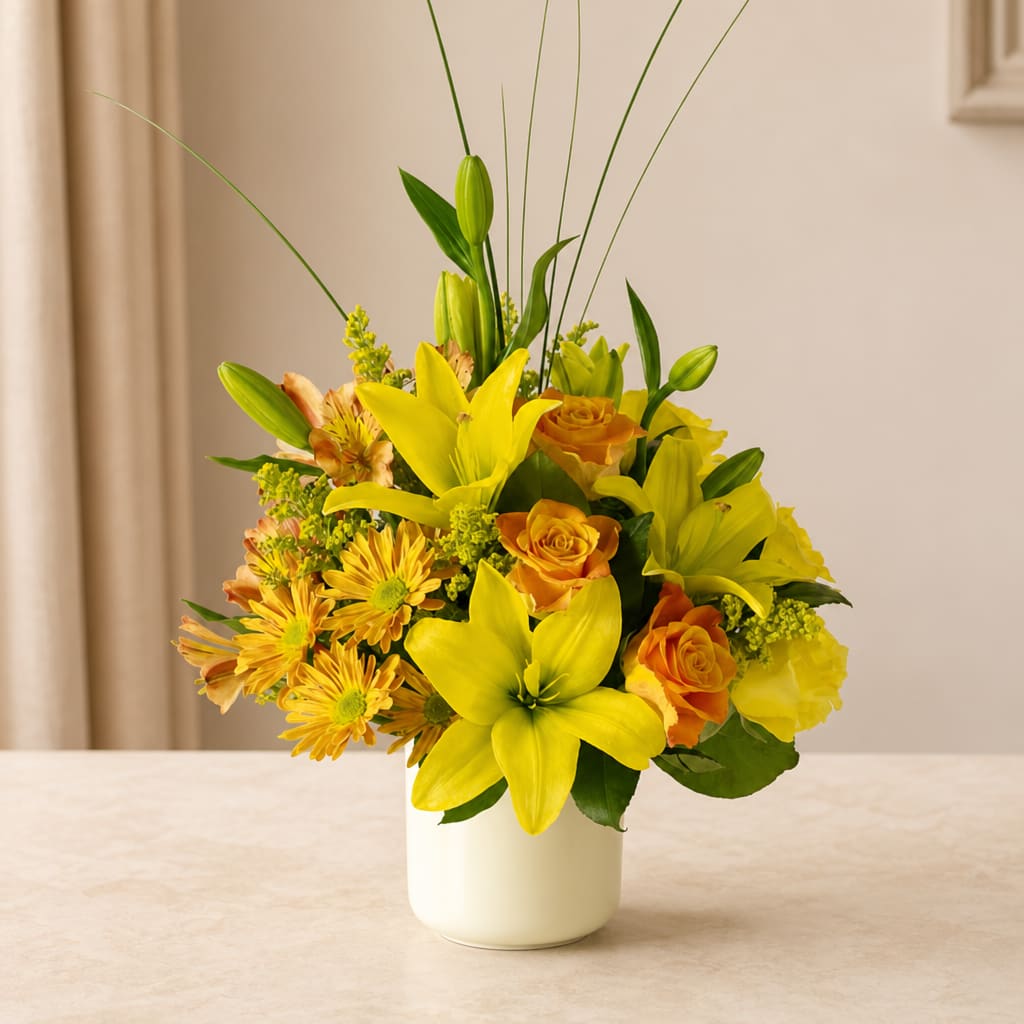 Yellow lilies and orange roses arranged in a white vase