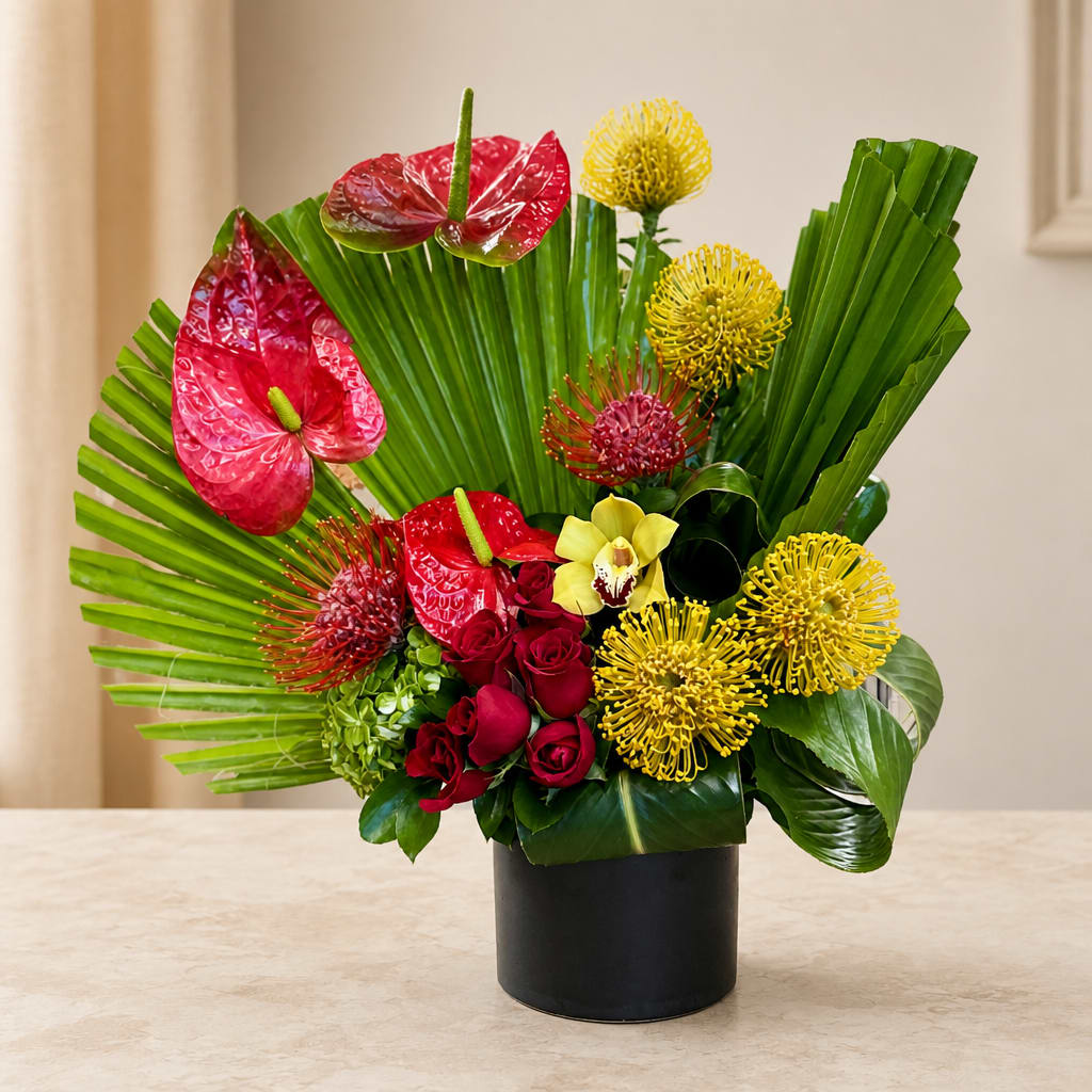 Tropical flower arrangement with red anthuriums, yellow blooms, and roses in a black vase
