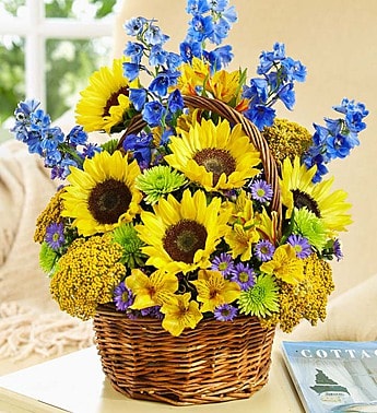 Basket of sunflowers, blue delphinium, and yellow daisies