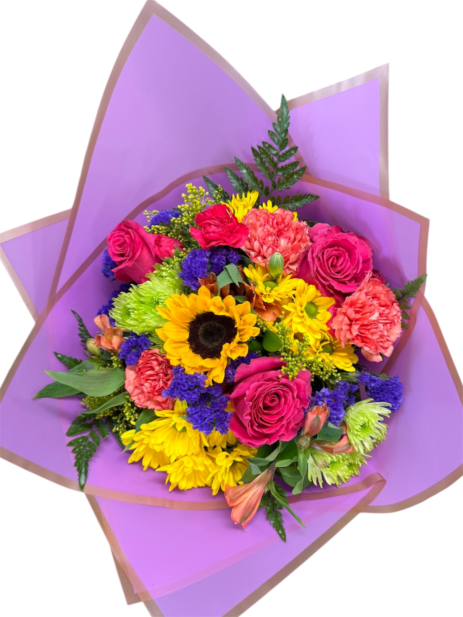 ColorBurst Bouquet - This wrapped bouquet is a vibrant, multi-colored floral bunch wrapped in decorative paper. It's eye-catching and playful combination exudes a feeling of joy, energy and cheerfulness. (vase not included)