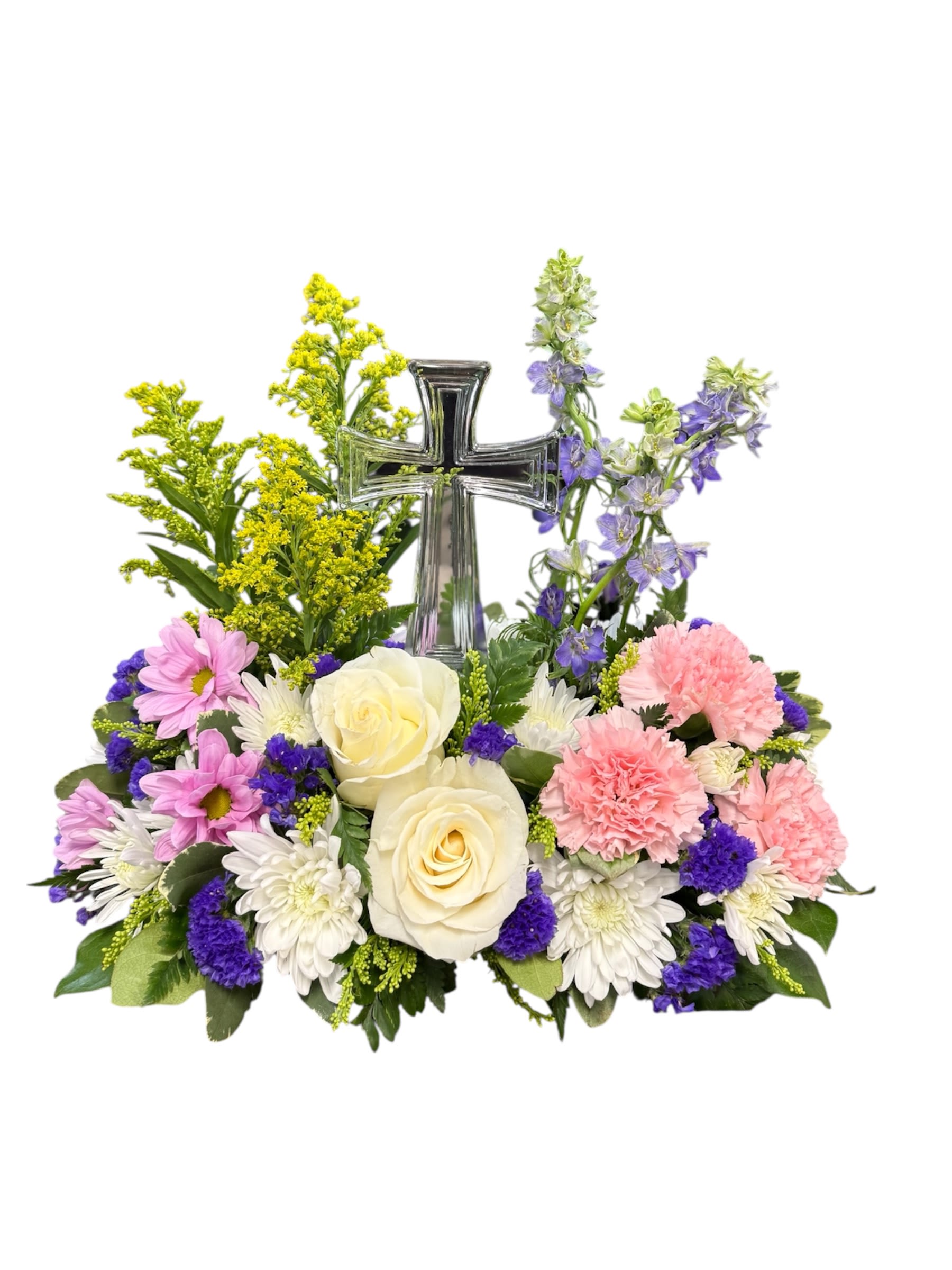 Eternal Grace - This is a serene arrangement that balances traditional elegance with a gentle wildflower-inspired aesthetic. It's designed as a "living frame" for the the crystal cross at its center.