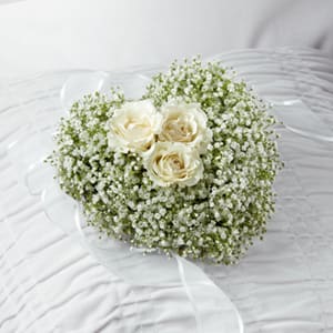 White rose bouquet with baby's breath and a sheer ribbon