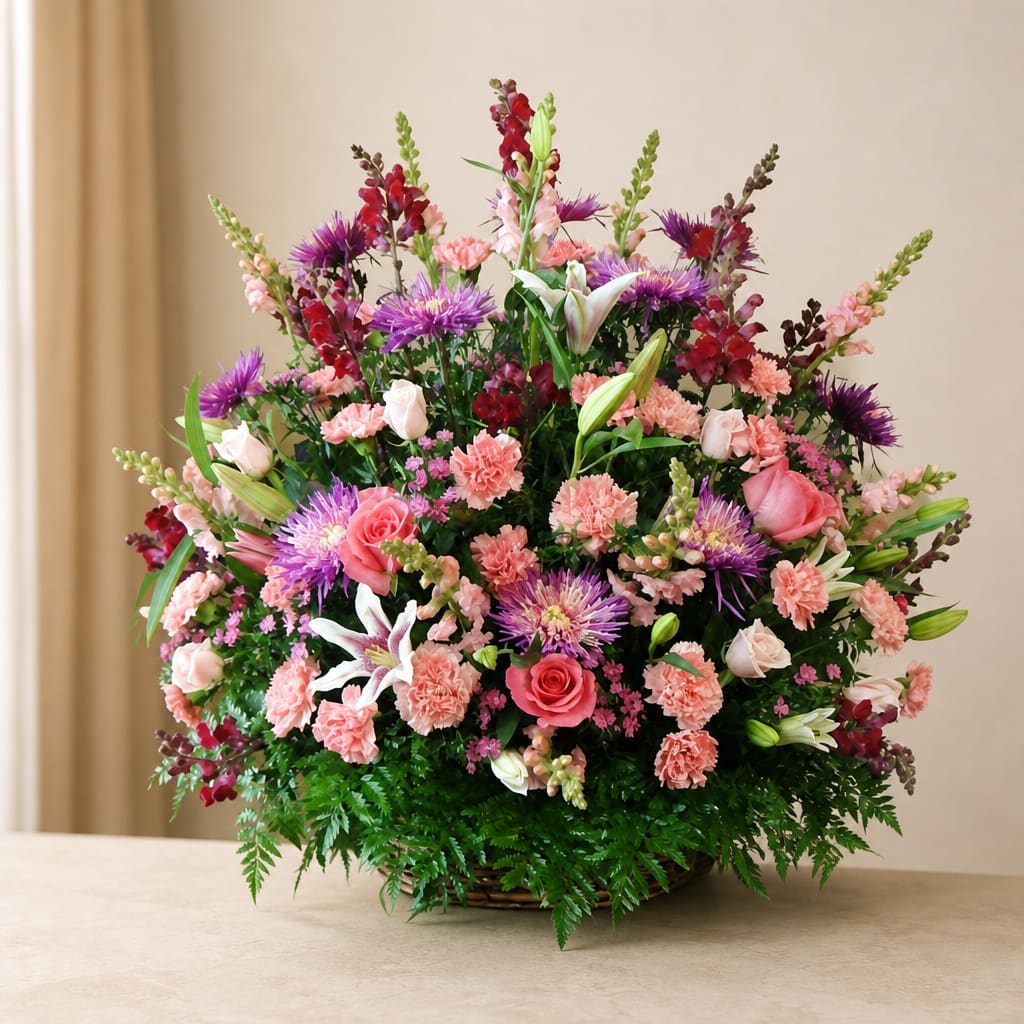 Large mixed flower arrangement in a basket with pink, purple, and white blooms