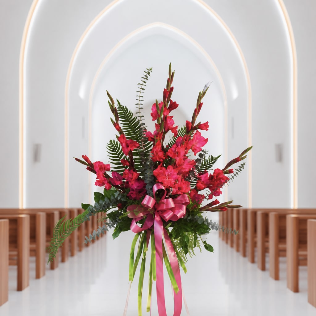 Tall pink floral arrangement with a ribbon in a church aisle