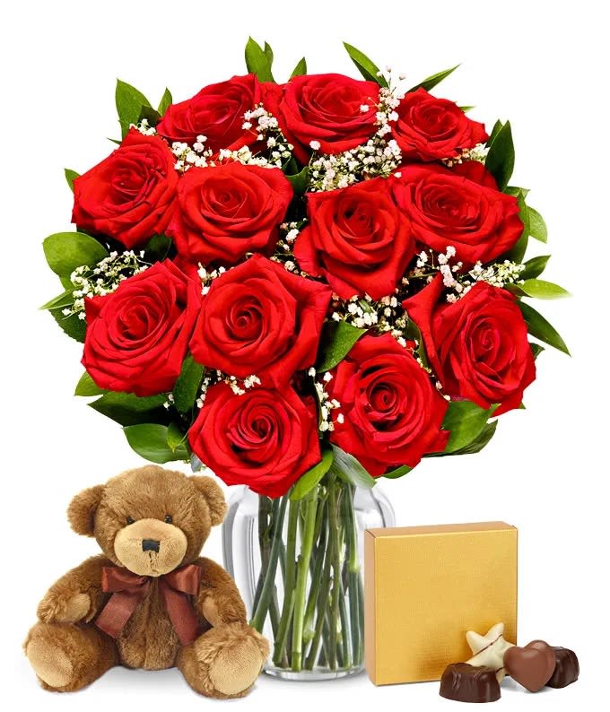 Valentines day bundle - one dozen beautiful long stem roses 18 inch teddy bear and box of delicious chocolates up grade  to deluxe -18 roses or  premium 24 roses