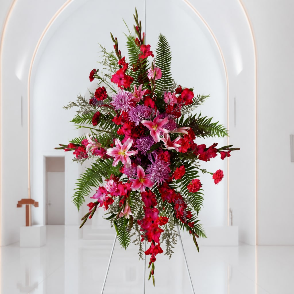 Tall pink and red floral arrangement on a stand in a white interior