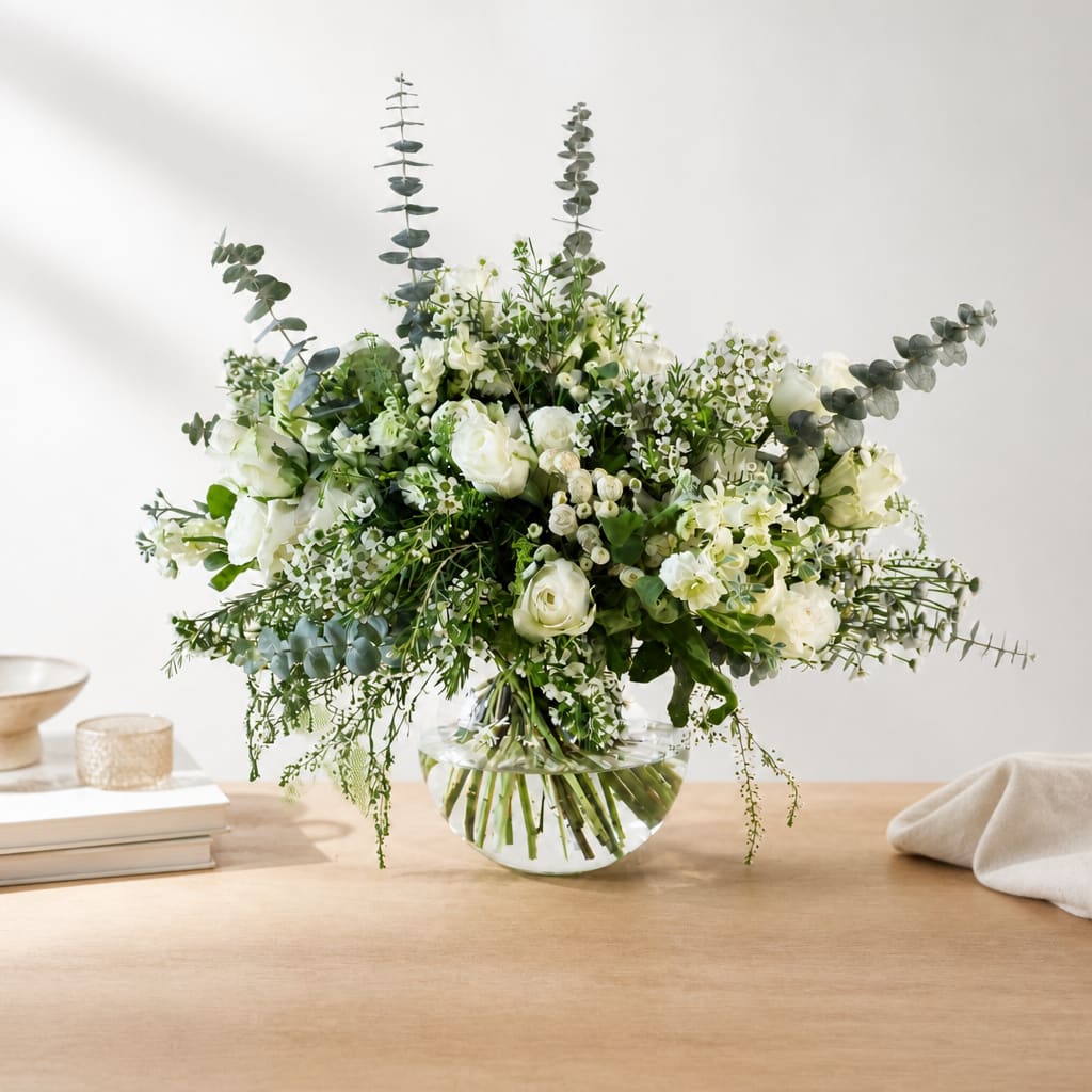 White floral arrangement in a clear glass vase with tall eucalyptus stems
