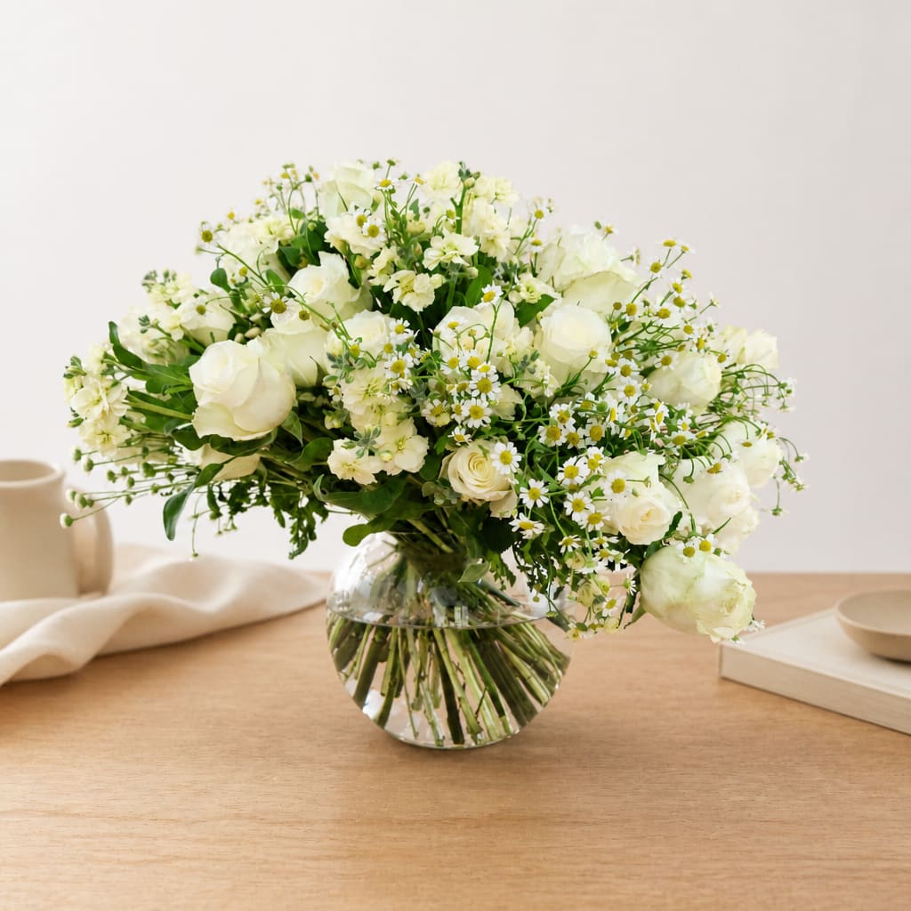 White roses and small daisies in a round glass vase