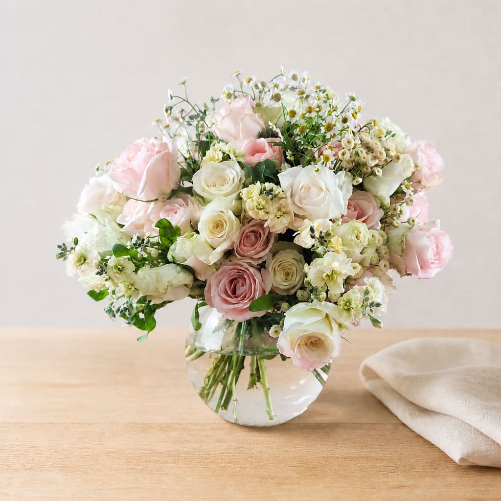 Pink and white roses arranged in a clear glass vase