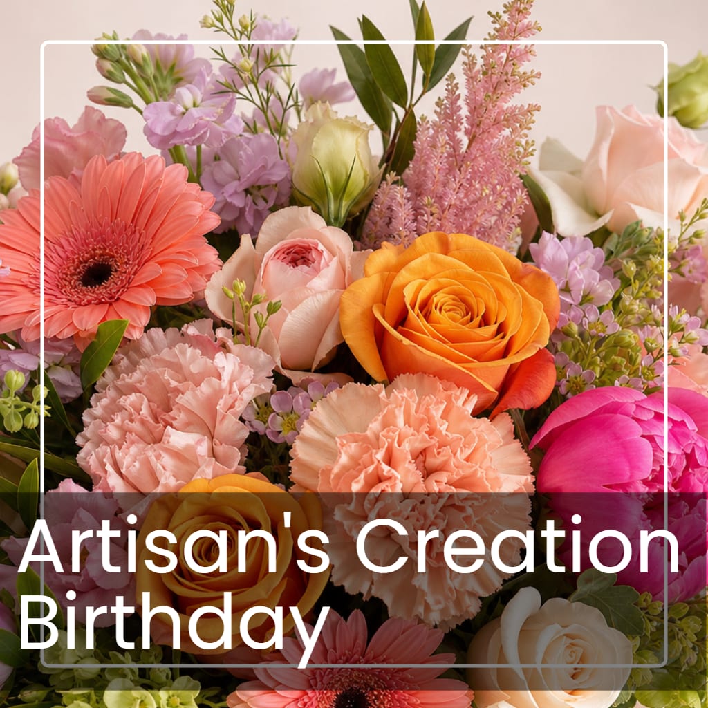 Mixed bouquet with roses, gerbera daisies, carnations, and lilac flowers