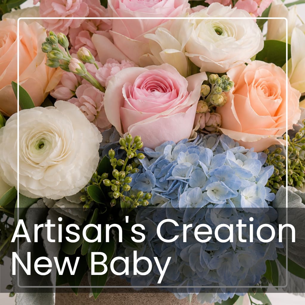 Pastel bouquet with roses, ranunculus, and blue hydrangeas