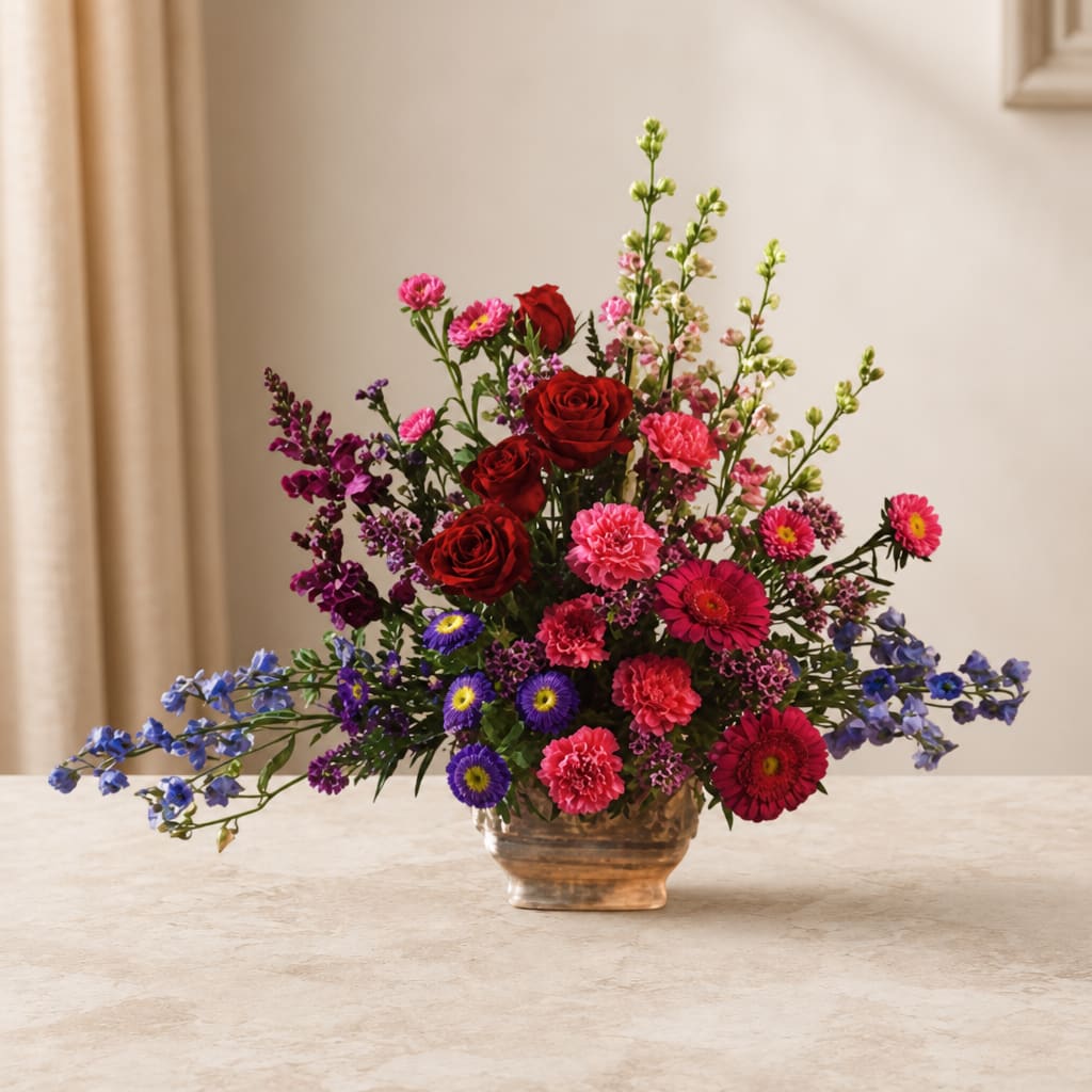 Mixed bouquet of red, pink, purple, and blue flowers in a glass vase