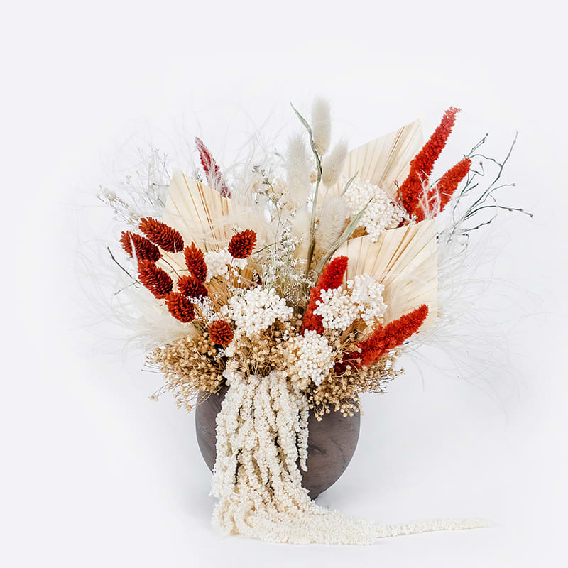 Everlasting Sugar and Spice - Transition your space with this festive, everlasting floral fall charmer. A sweet accent to any shelf, vanity, or bar cart throughout the autumn season. Featured in Dark Taupe Clay Astrid Pot 4.75" x 3.5"