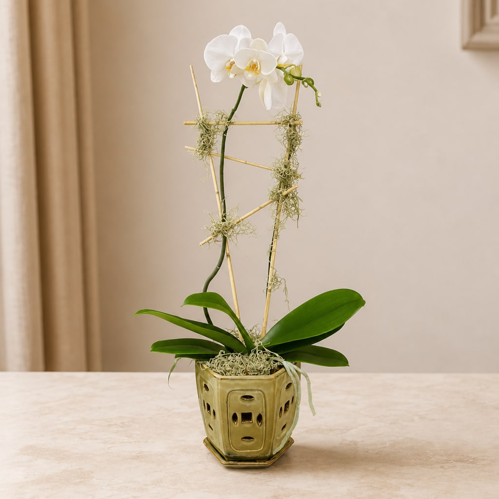 White orchid plant in a decorative ceramic pot