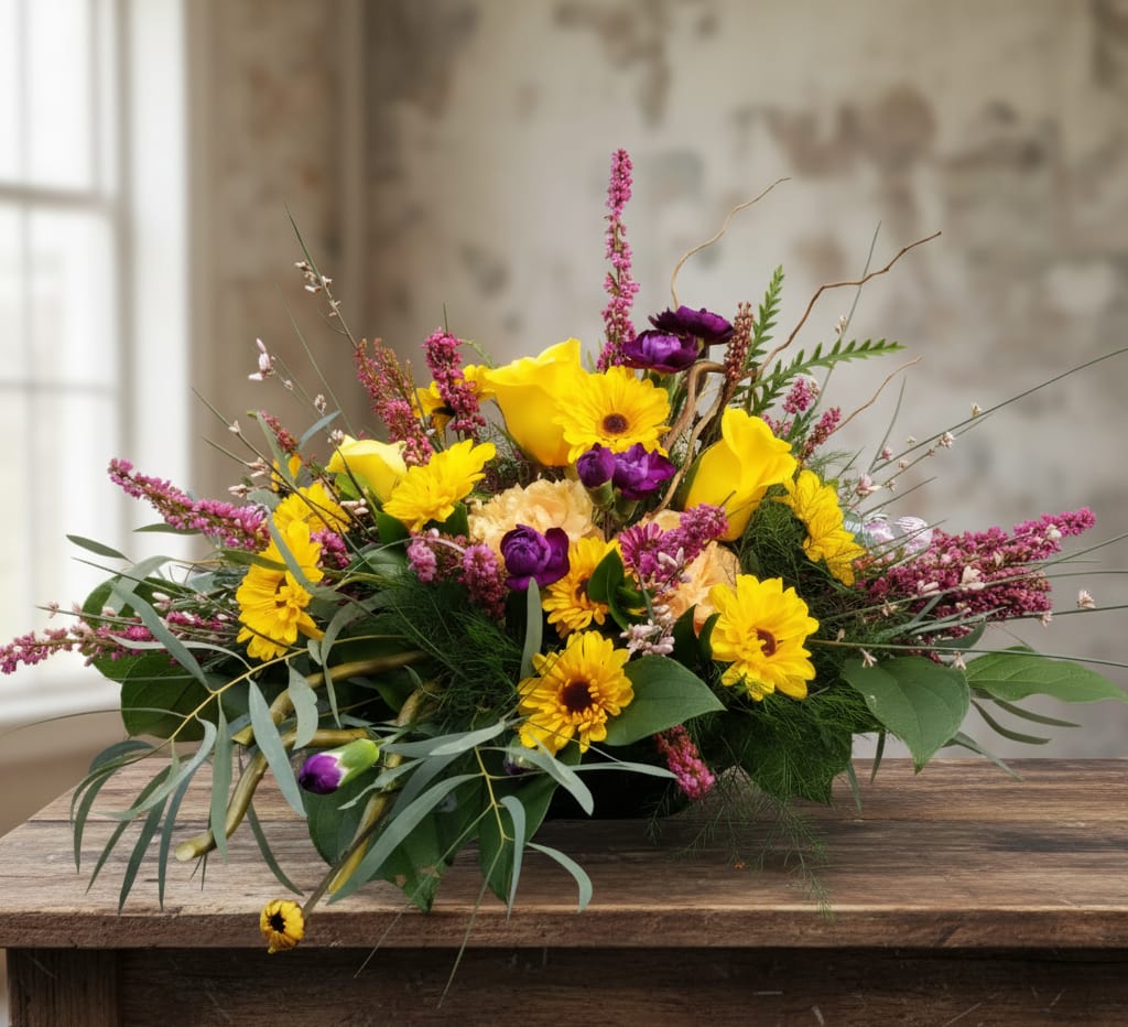 Low arrangement of yellow gerbera and calla lilies with purple blooms and pink spikes in a shallow container